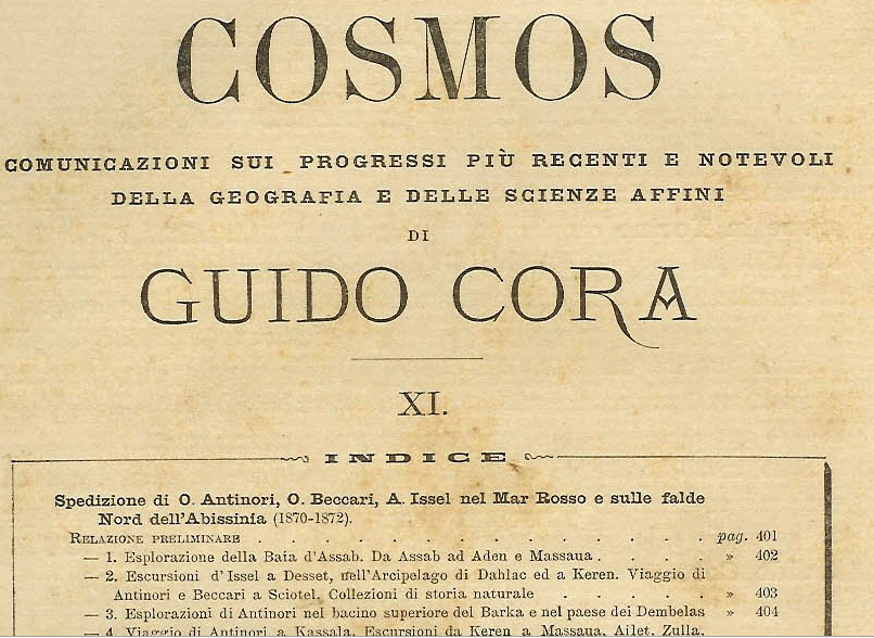 Spedizione di O. Antinori, O. Beccari, A. Issel nel Mar Rosso e sulle falde nord dell’Abissinia (1870-1872) (1) Relazione preliminare di Guido Cora 1876